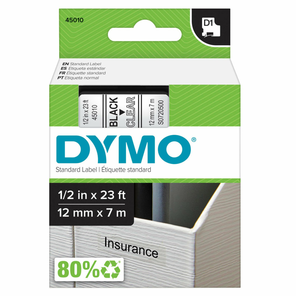 DYMO D1 Label Tape, 12mm (1/2") Black on Clear