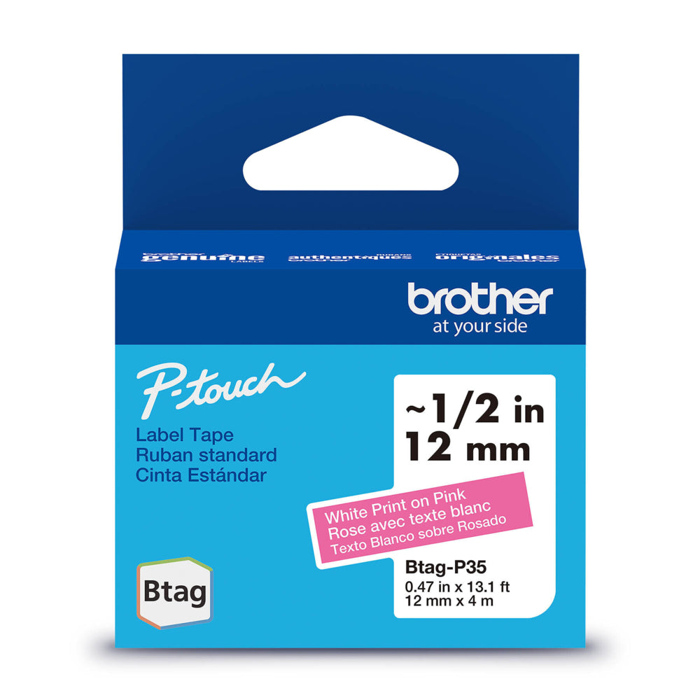 Ruban d'étiquettes Brother BTAGP35 authentique pour étiqueteuses P-touch - Blanc sur rose - 12 mm l x 4 m L