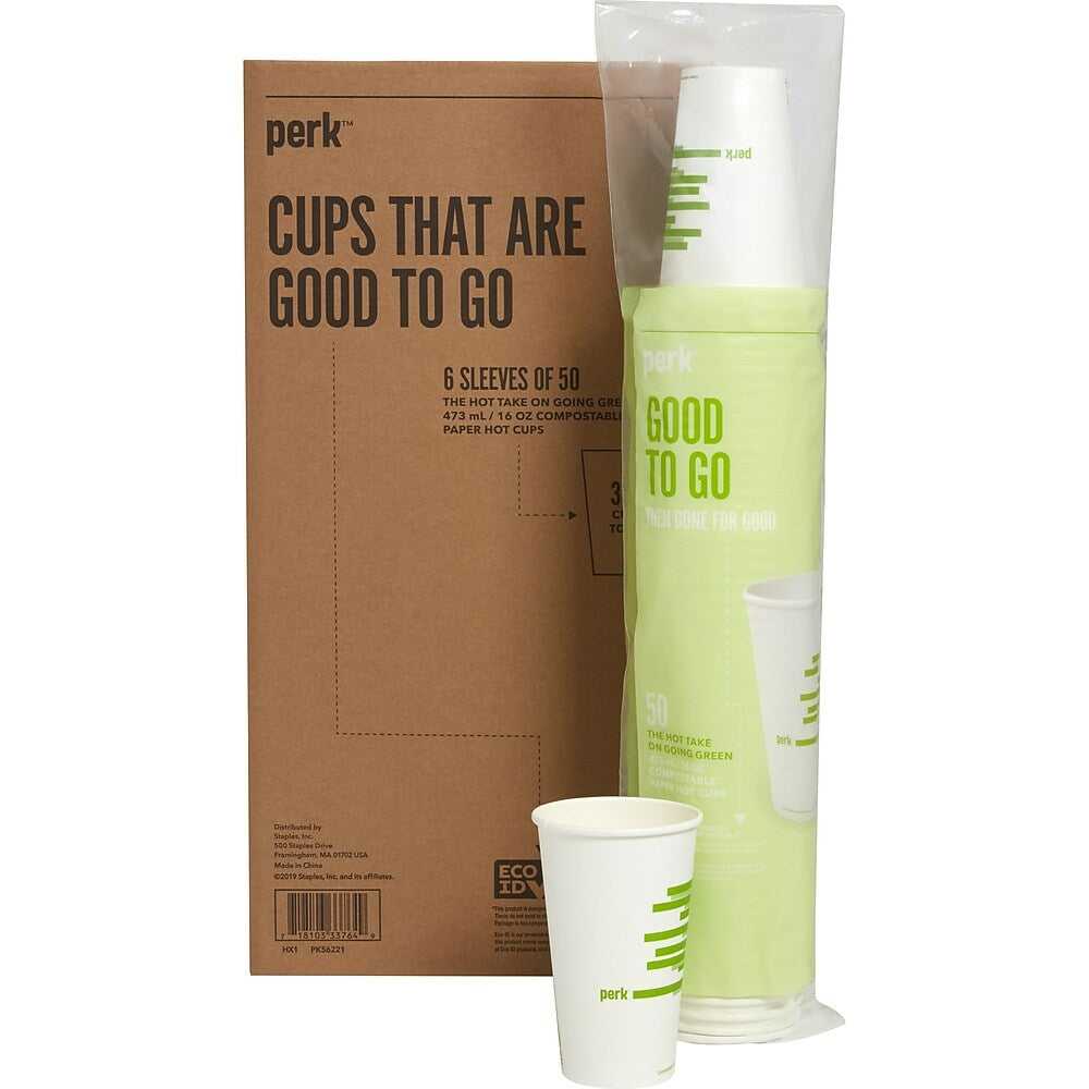 Perk Compostable Paper Hot Cup - 16 Oz. - White Green - 300 Pack