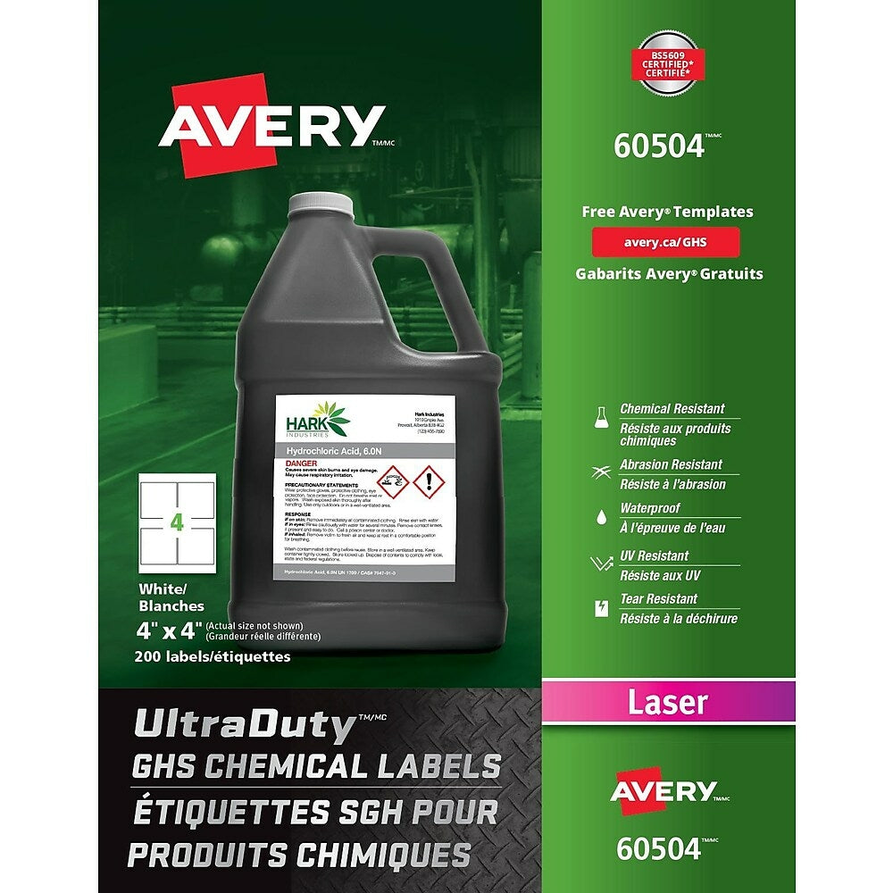 Étiquettes chimiques Avery UltraDuty blanches SGH, 10,2 x 10,2 cm, paquet de 200 (60504)