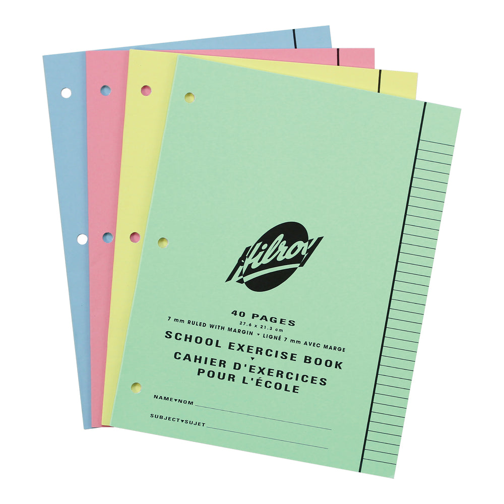 Cahier d'exercices Hilroy à 3 trous - 8-3/8" x 10-7/8" - 40 pages - 20 feuilles - Couleurs assorties - Paquet de 25
