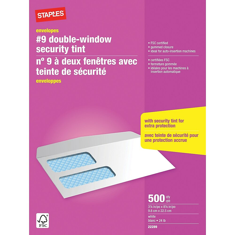 Enveloppes de sécurité à double fenêtre blanches gommées Staples n° 9 - 9,8 cm x 22,5 cm - Paquet de 500
