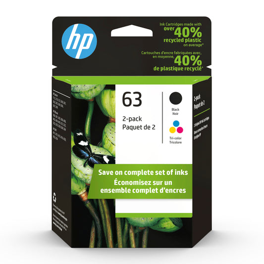 HP 63 Black & Tri-Colour Original Ink Cartridges, 2 Pack (L0R46AN)