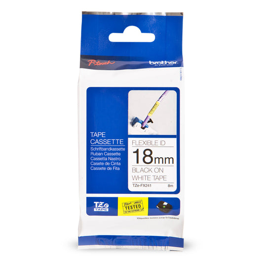 Brother Genuine Tze-FX241 Black on White Flexible ID Laminated Tape for P-touch Label Makers, 18 mm wide x 8 m long