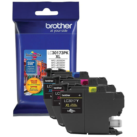 Cartouches d'encre jaune/cyan/magenta Brother LC3017, haut rendement, paquet de 3 (LC30173PKS)