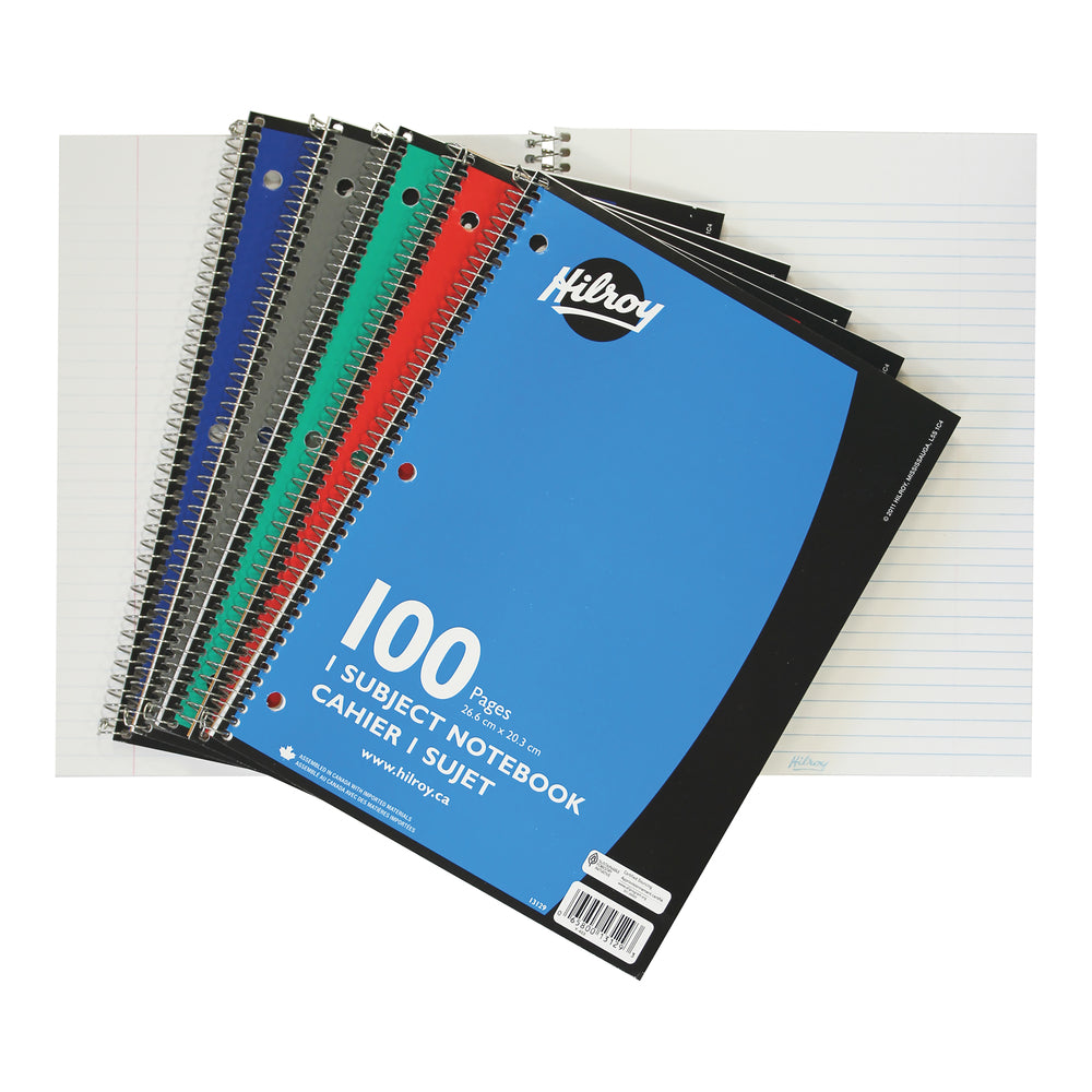 Hilroy 3-Hole Coil Notebook - 10.5" x 8" - 100 Pages - 50 Sheets - Assorted Colours
