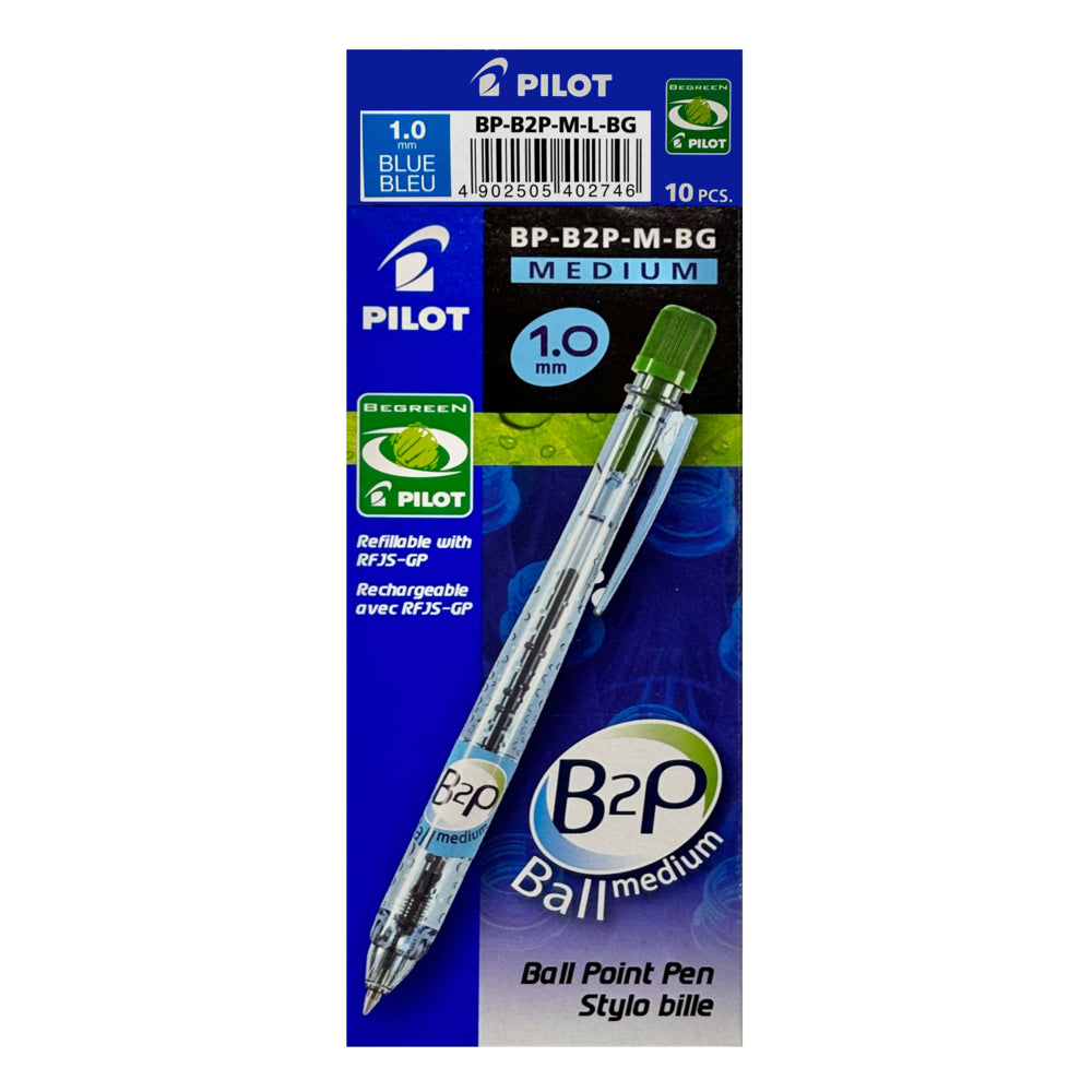 Stylo bille rétractable Pilot BeGreen B2P Bottle 2 Pen - Pointe moyenne - 1,0 mm - Bleu - Lot de 10