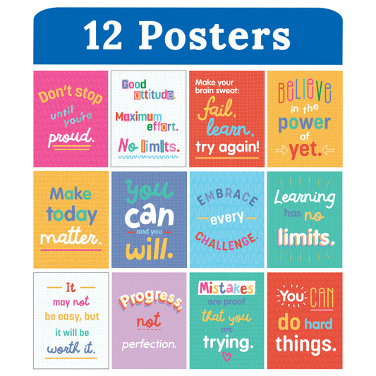 Carson Dellosa 12-Piece Growth Mindset Positive Quote Wall Posters - 8.5" x 11"