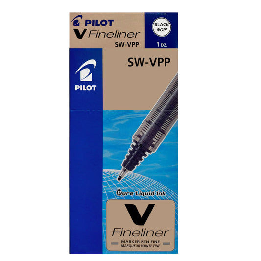Pilot V Fineliner Felt Tip Pen with Water Based Liquid Ink - Fine point - 1.2 mm - Black - 12 Pack