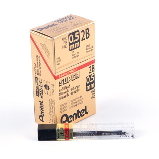 Recharges de mines Pentel Super Hi-Polymer 2B – 0,5 mm – 12 recharges/tube – Lot de 12