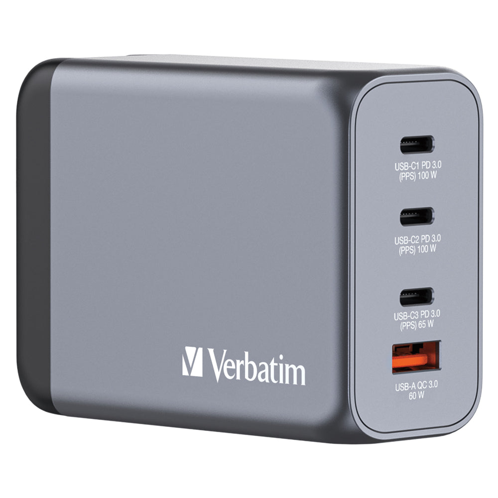 Chargeur mural Verbatim GaN 200 W 4 ports - 8,4 cm (L) x 3,6 cm (l) x 6,6 cm (H) - Gris