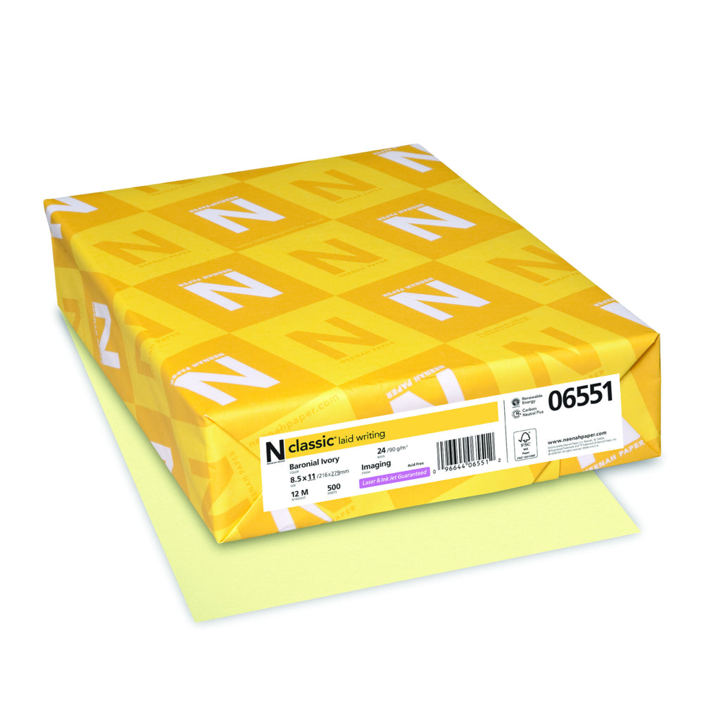 Neenah Classic Laid Image Writing Paper - 24 lb - 8.5" x 11" - Baronial Ivory - 500 Sheets