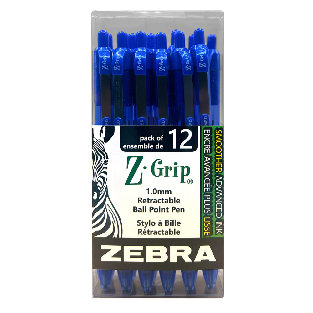 Stylos à bille rétractables Zebra Z-Grip, bleu, lot de 12