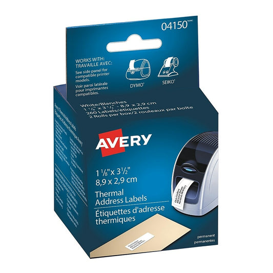 Étiquettes d'adresse pour imprimante thermique Avery, blanches, 8,9 cm x 2,8 cm, paquet de 260 (04150)