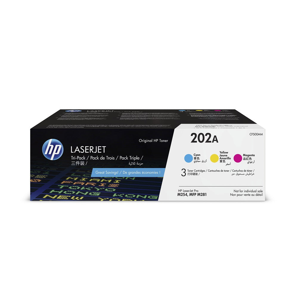 HP 202A Cyan/Magenta/Yellow Original LaserJet Toner Cartridges - 3 Pack