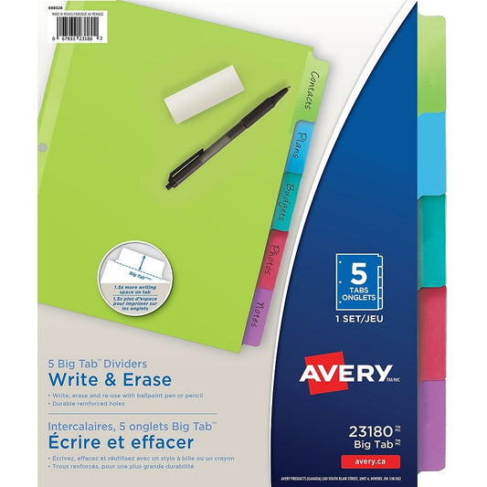 Avery Write & Erase Big Tab Dividers - 5 Tabs - Multi-colour