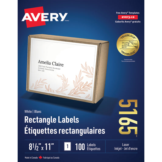Étiquettes d'expédition laser/jet d'encre Avery TrueBlock - 8-1/2" x 11" - Blanc - Paquet de 100 (5165)