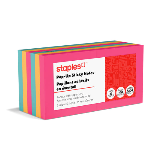 Staples Stickies Brights Pop Up Notes - 3" x 3" - 12 Pack