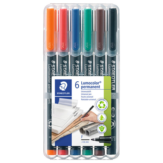 Marqueurs permanents Staedtler Lumocolor Dry-Safe - Pointe fine - Couleurs assorties - Lot de 6