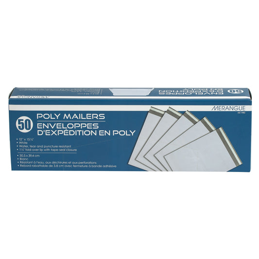Merangue Self-Adhesive Poly Mailers - 12" x 15.5" - 50 Pack - White