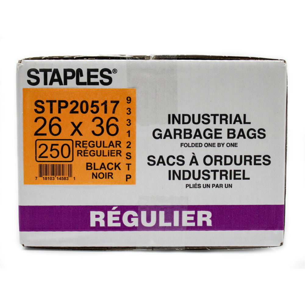 Staples - Sacs à ordures industriels réguliers, 26 po x 36 po, noirs, paq./250