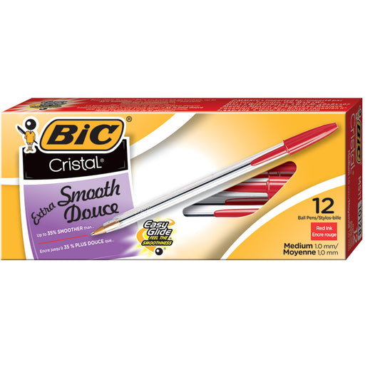 Stylo bille BIC Cristal Extra Smooth - Pointe moyenne (1,0 mm) - Rouge - Lot de 12