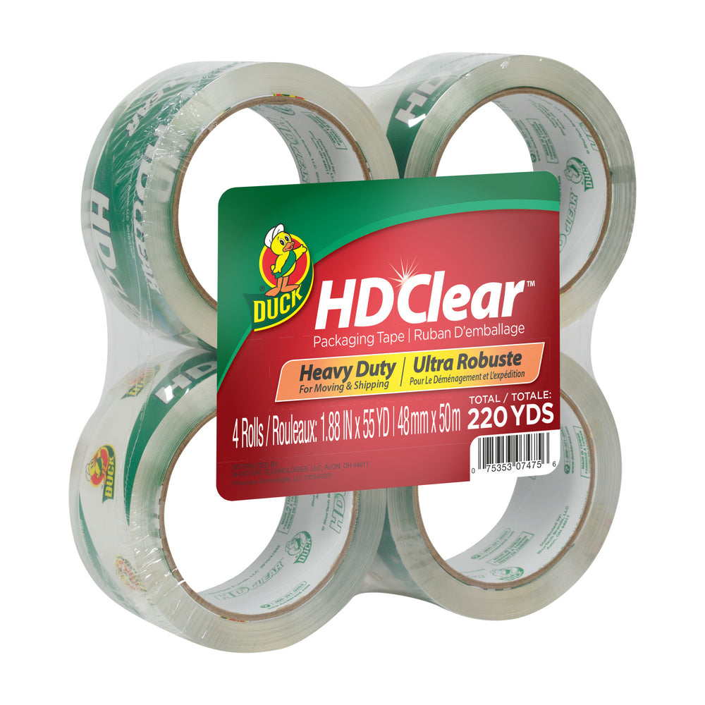 Ruban d'emballage ultra-résistant transparent HD de marque Duck - 48 mm x 50 m - Transparent - Paquet de 4