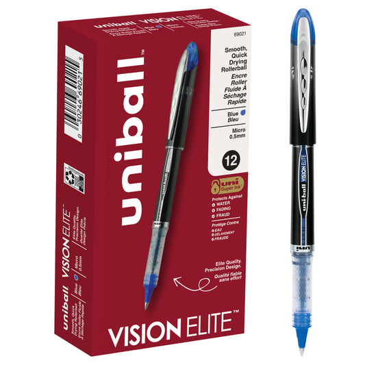Stylos roller Uni-Ball Vision Elite - Micropointe (0,5 mm) - Bleu - Lot de 12