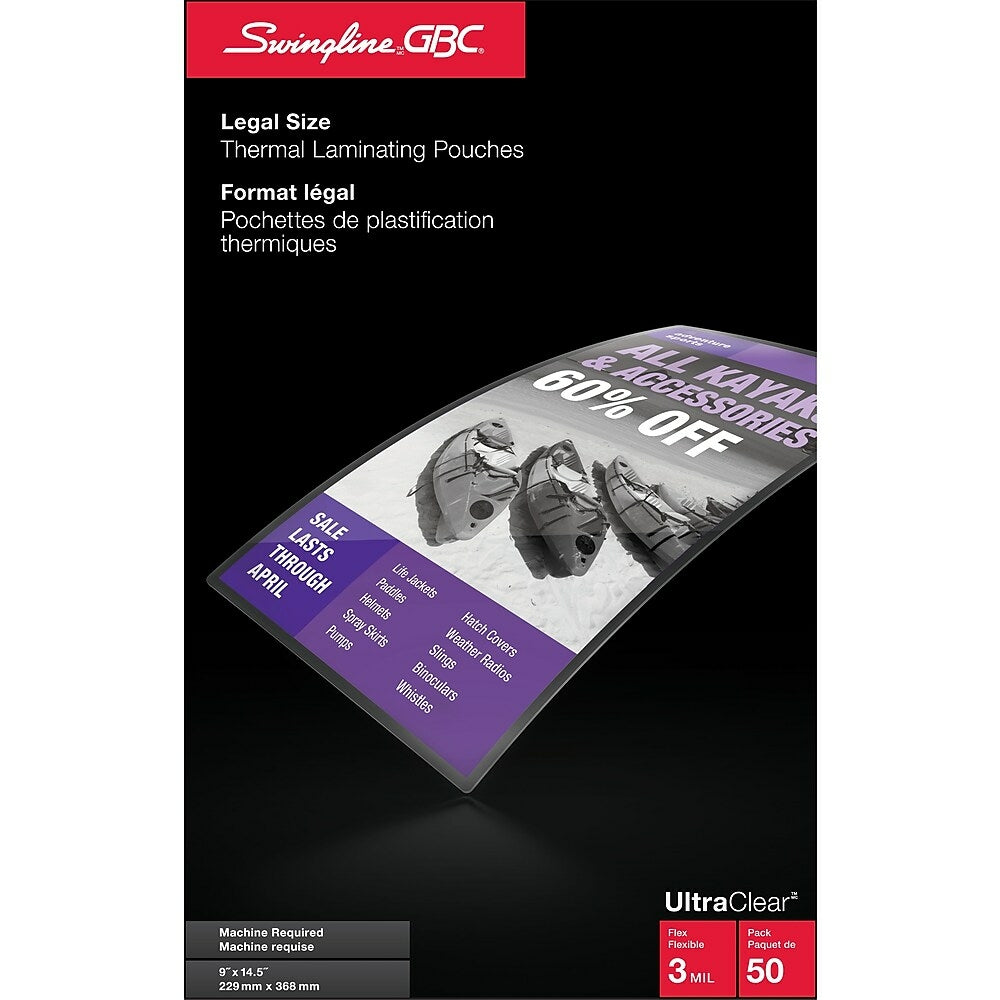 Pochettes de plastification Swingline GBC UltraClear 3 mm, format légal, transparentes, paquet de 50