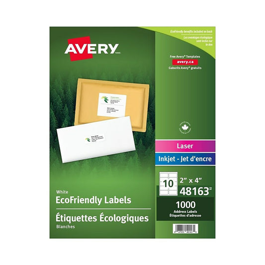 Étiquettes d'expédition Avery écologiques blanches pour imprimantes laser/jet d'encre, 4" x 2", paquet de 1000 (48163)