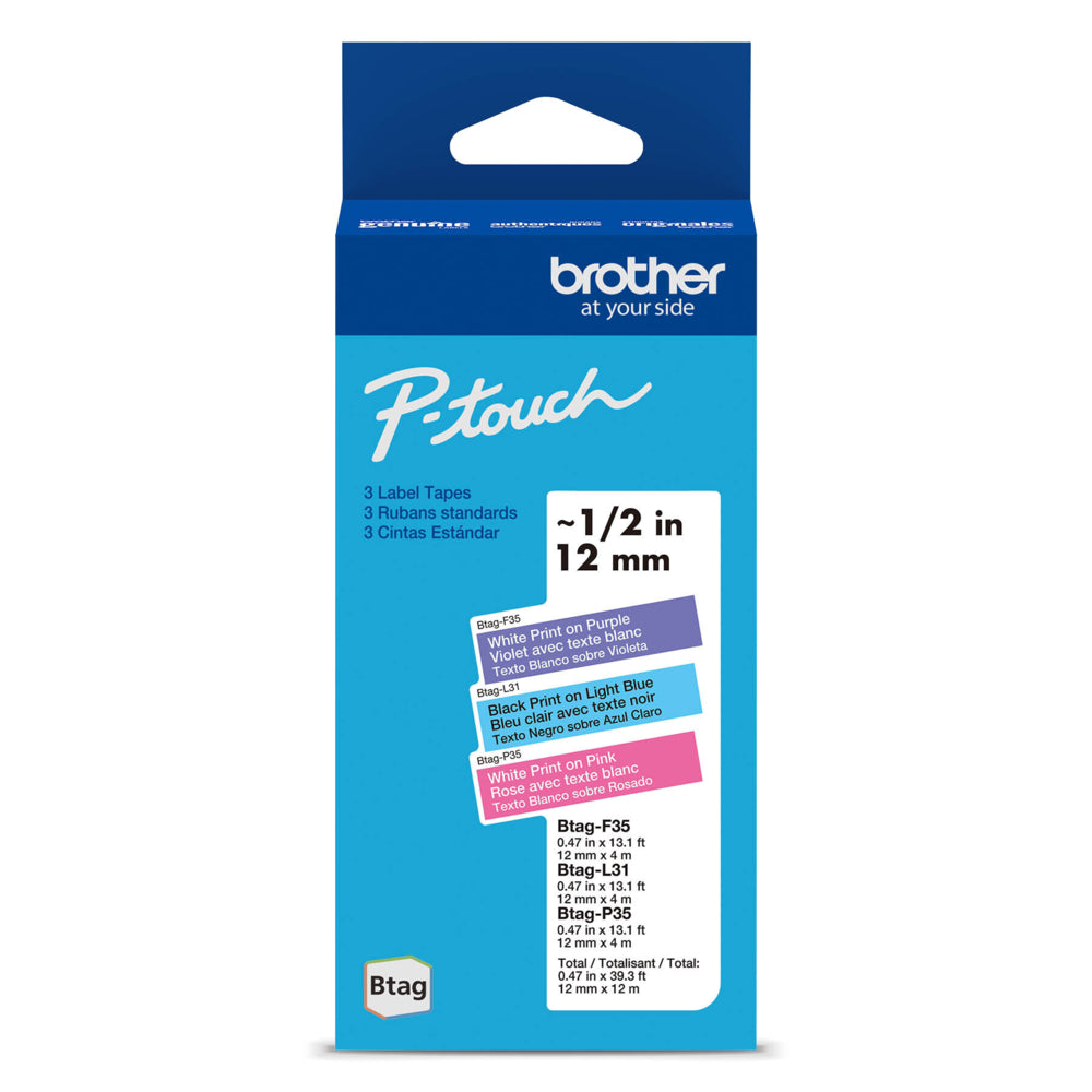 Rubans non laminés Brother authentiques BTAG3M02 pour étiqueteuses P-touch - Couleur - 12 mm l x 4 m L - Lot de 3