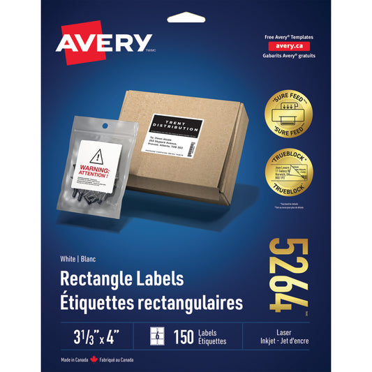 Étiquettes d'expédition laser/jet d'encre Avery TrueBlock - 3-1/3" x 4" - Blanc - Paquet de 150 - (5264)