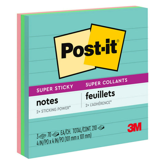 Notes Post-it Super Sticky - Collection Supernova Neons - Lignées - 4" x 4" - Paquet de 3