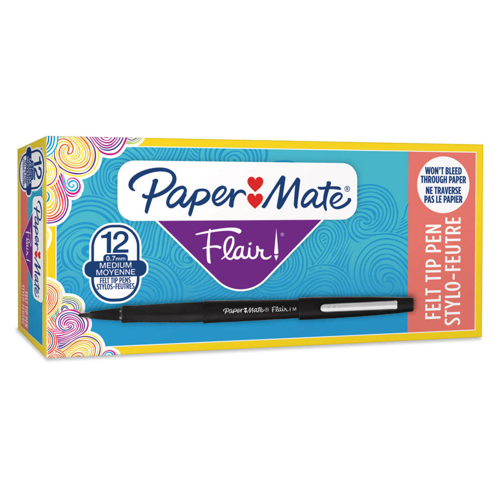 Paper Mate Flair Felt Tip Pens - Medium - Black Ink - 12 Pack