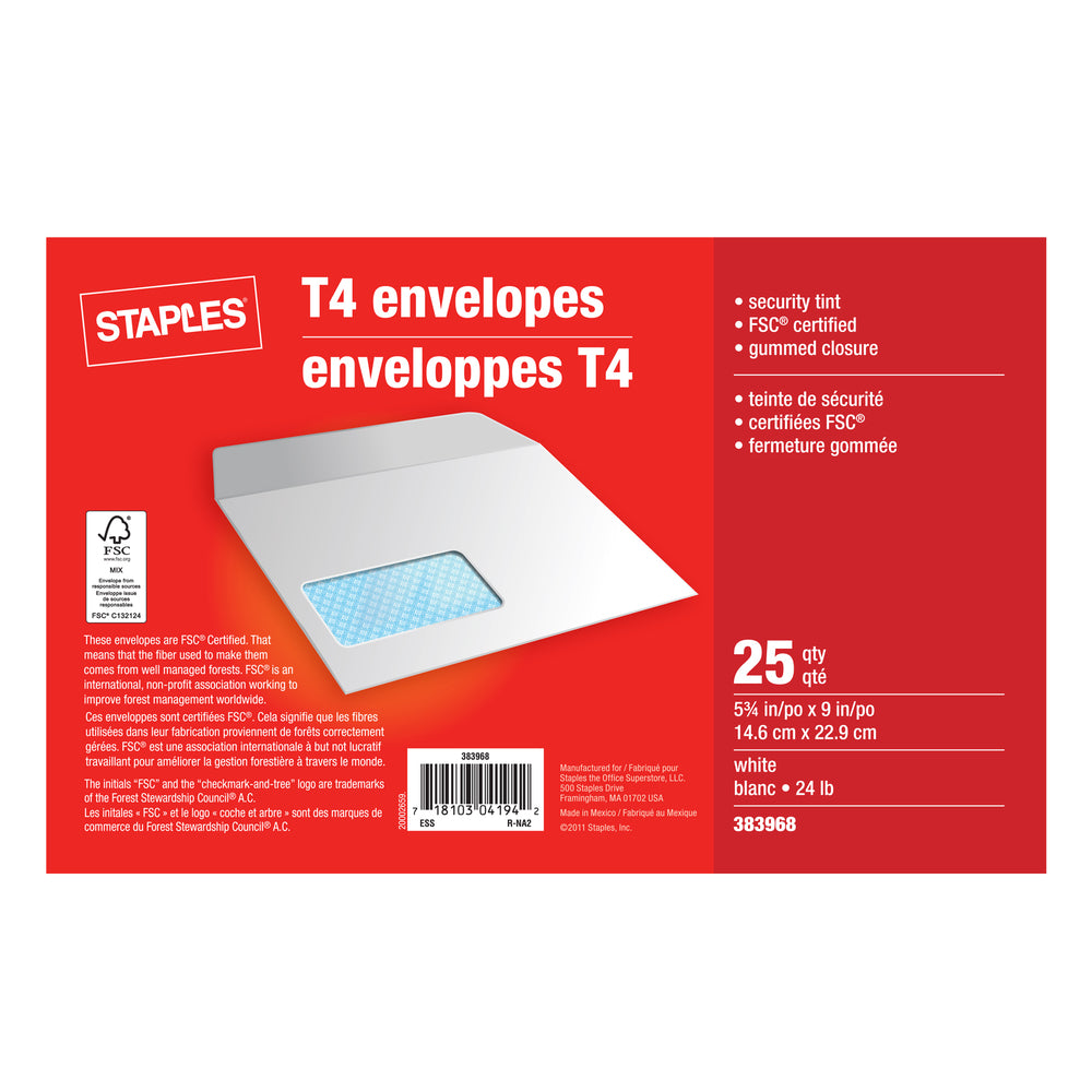 Enveloppes de sécurité Staples T4 à rabats gommés – 5-3/4" x 9" – Blanches – Paquet de 25