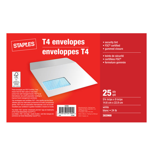 Staples T4 Security Envelopes with Gummed Flaps - 5-3/4" x 9" - White - 25 Pack