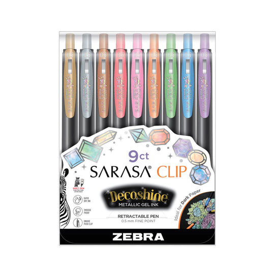 Stylos gel rétractables Zebra Sarasa Clip Decoshine - Couleurs assorties - Lot de 9
