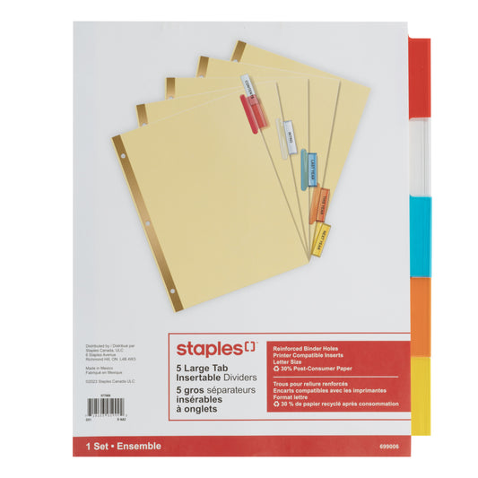 Staples Large Tab Insertable Dividers - 5 Tabs - Assorted Colours