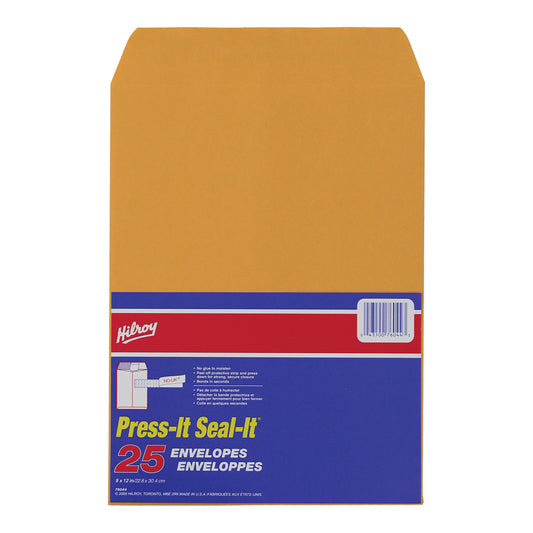Enveloppes kraft autocollantes Hilroy Press it- Seal it, 24 lb, bronzage, 9 po x 12 po, paquet de 25