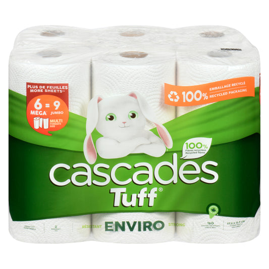 Cascades TuffTM Enviro Strong Kitchen Roll 2-Ply Towels - 100% Recycled - 160 Sheets Per Roll - 6 Pack