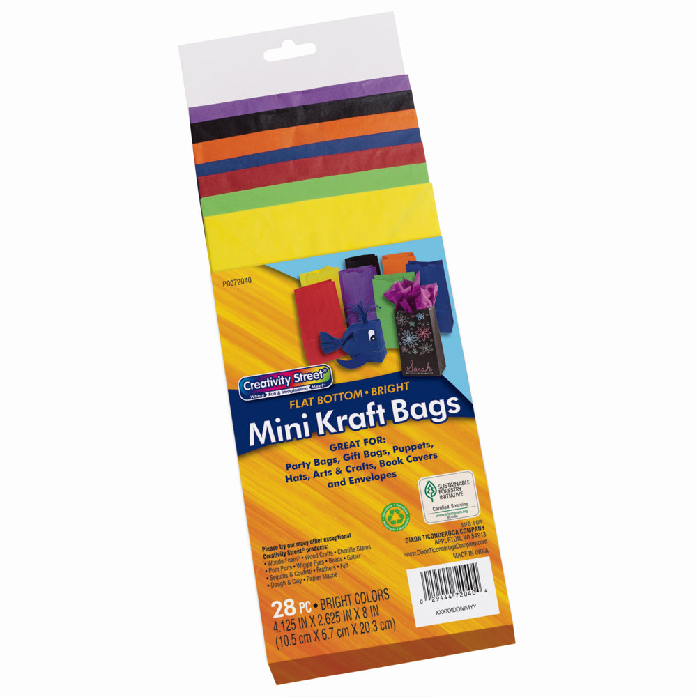 Creativity Street Mini Kraft Bag - 4-1/8" x 2-5/8" x 8" - Assorted Bright Colors -  28 Pack