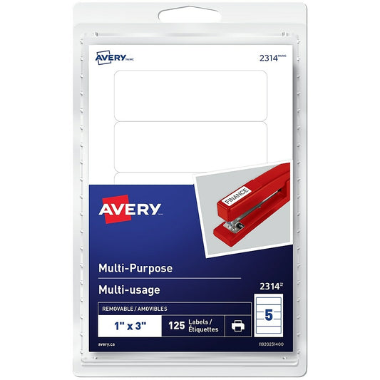 Avery White Print or Write Removable Rectangular Multiuse Labels, 1" x 3", 125 Pack, (2314)