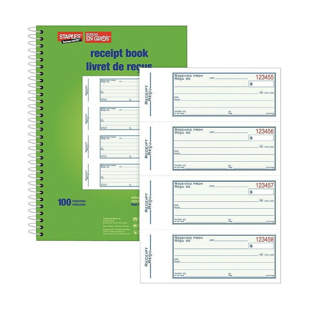 Carnet de reçus bilingue Staples à reliure spirale - 100 exemplaires - 4 reçus par page - Autocopiant - 7" x 10"