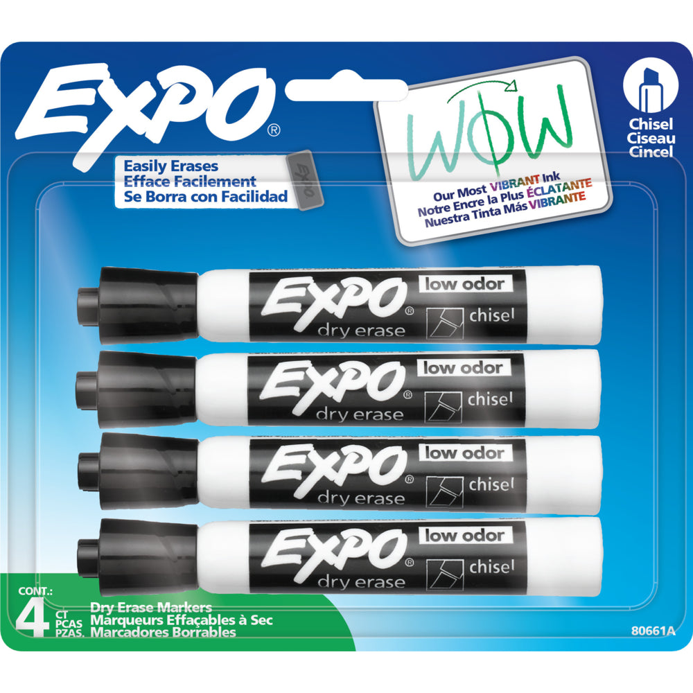 Marqueurs effaçables à sec Expo à faible odeur – Pointe biseautée – Noir – Lot de 4