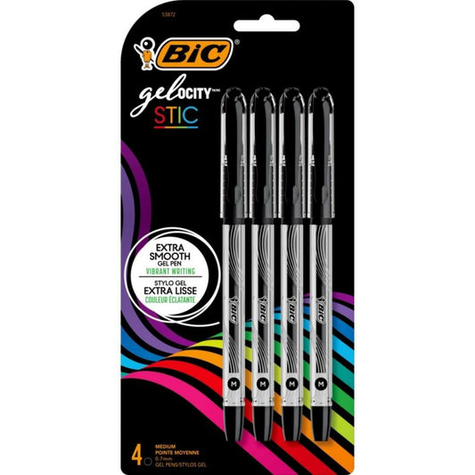 BIC Gel-Ocity Stick Gel Pens - Medium Point (0.7mm) - Black- 4 Pack