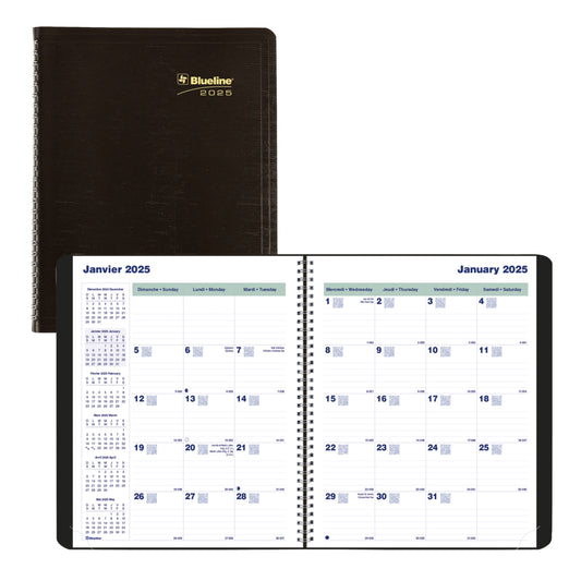 Blueline 2024-2025 Monthly Planner - 9-1/4" x 7-1/4" - Black - Bilingual