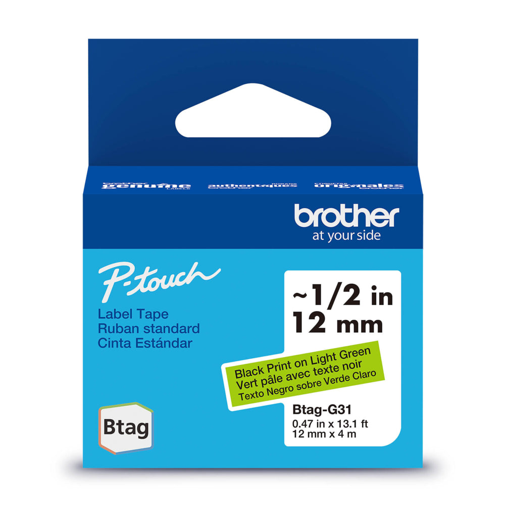 Brother Genuine BTAGG31 Label Tape for P-touch Label Makers - 12 mm W x 4 m L - Black on Light Green