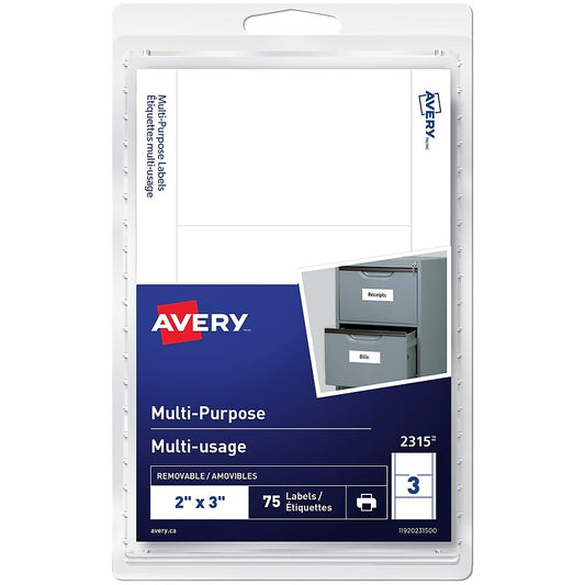 Avery White Print or Write Removable Rectangular Multiuse Labels, 2" x 3", 75 Pack, (2315)