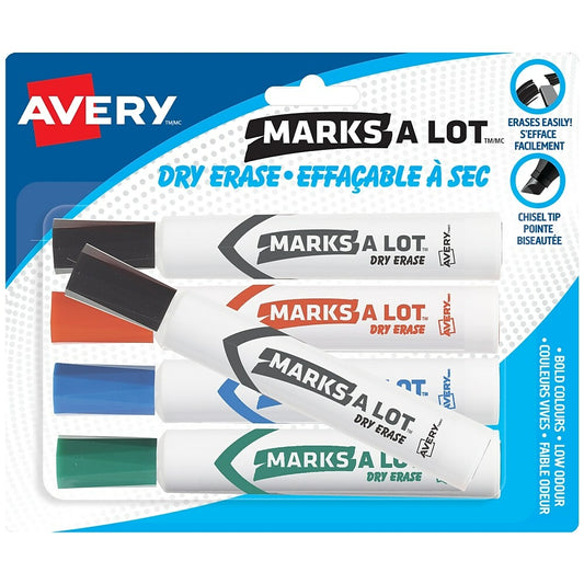 Avery Marks-A-Lots – Marqueurs effaçables à sec, pointe biseautée, couleurs assorties, paq./5 (86705)