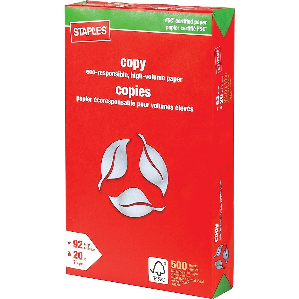 Staples FSC-Certified Copy Paper - 20 lb. - 8.5" x 14" - White - 500 Sheets